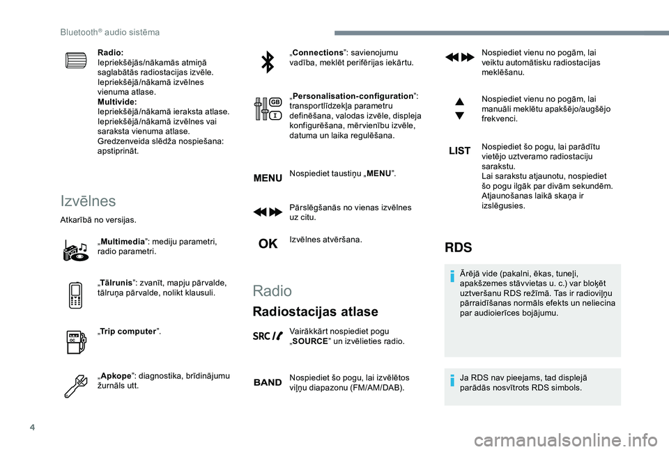 CITROEN C3 AIRCROSS 2019  Lietošanas Instrukcija (in Latvian) 4
Radio:
Iepriekšējās/nākamās atmiņā 
saglabātās radiostacijas izvēle.
Iepriekšējā/nākamā izvēlnes 
vienuma atlase.
Multivide:
Iepriekšējā/nākamā ieraksta atlase.
Iepriekšējā/n
