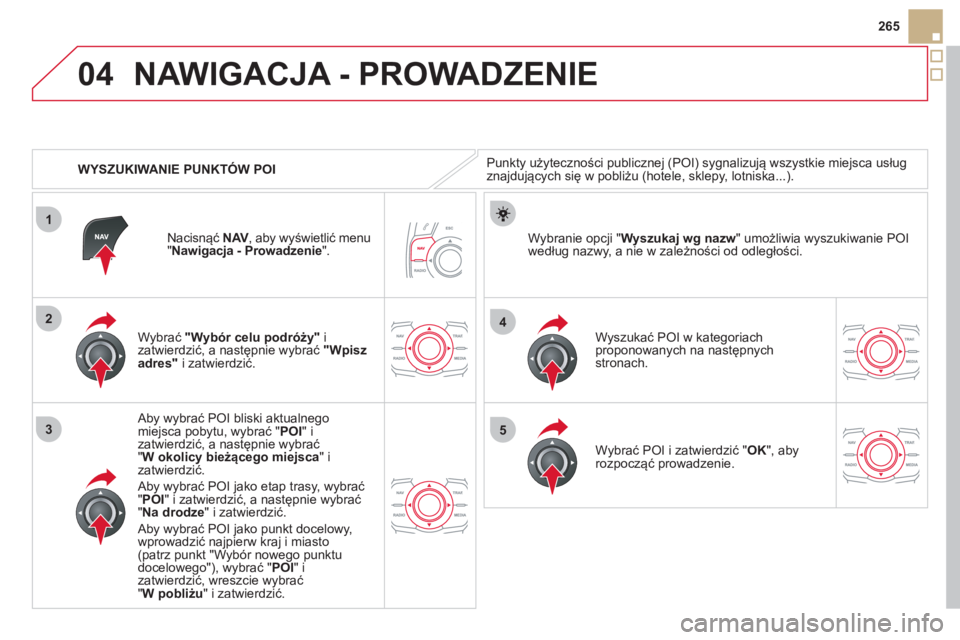 CITROEN DS5 HYBRID 2012  Instrukcja obsługi (in Polish) 04
1
3
4
5
2
265
   
 
WYSZUKIWANIE PUNKTÓW POI
NAWIGACJA - PROWADZENIE 
Punkty użyteczności publicznej (POI) sygnalizują wszystkie miejsca usług 
znajdujących się w pobliżu (hotele, sklepy, l