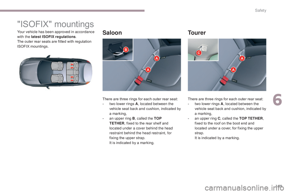 CITROEN C5 2011  Owners Manual 169
C5_en_Chap06_securite_ed01-2016
"ISOFIX" mountings
Your vehicle has been approved in accordance 
with the latest ISOFIX regulations.
The outer rear seats are fitted with regulation 
ISOFIX